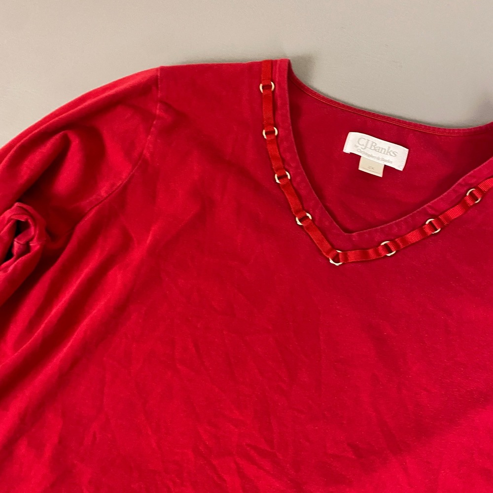 CJ Banks T-Shirt Plus Size 2X Red Long Sleeve V-Neck Embellished Cotton Stretch - Picture 3 of 9
